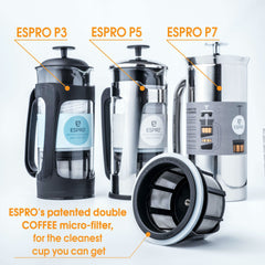 Espro Press P7, Stainless Steel French Press, Double Wall, Vacuum Insulated (6-8 cups, 32 ounce, Brushed) Bundle with Handcrafted Bamboo Paddle, Coffee Scoop