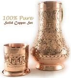 The Silk Road Trade - KS Series - NEW 2019-45oz Copper Pitcher and 7.7oz Cup Set with Lid, Moscow Mule Water Jug, Ice Tea and Juice Beverage, Desktop/Bedside Night Water Carafe Ayurvedic (Engraved)